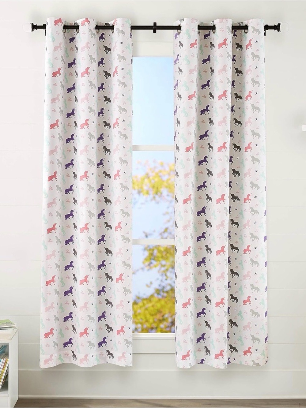 Kids Unicorn Print Blackout Curtain Set - White with Pink, Purple, Mint Accents